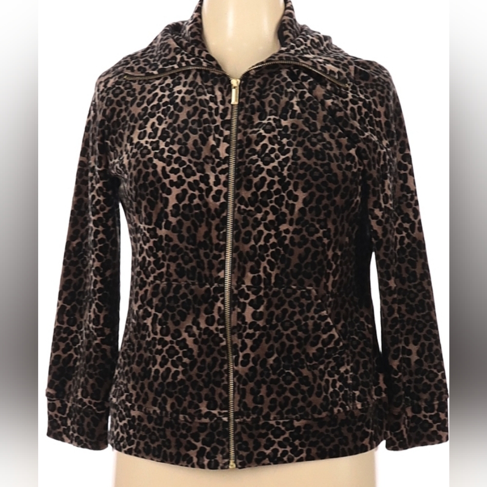 Velour Zip Up Track Jacket Size XL Leopard Print